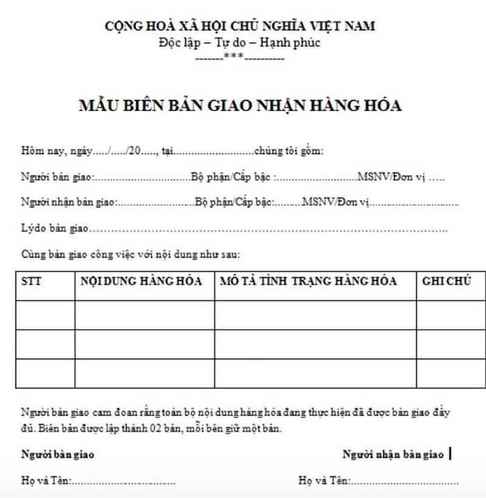 biên bản giao nhận hàng hóa nội bộ